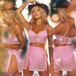Barbie pink Pink 2 piece bikini Top and skirt set